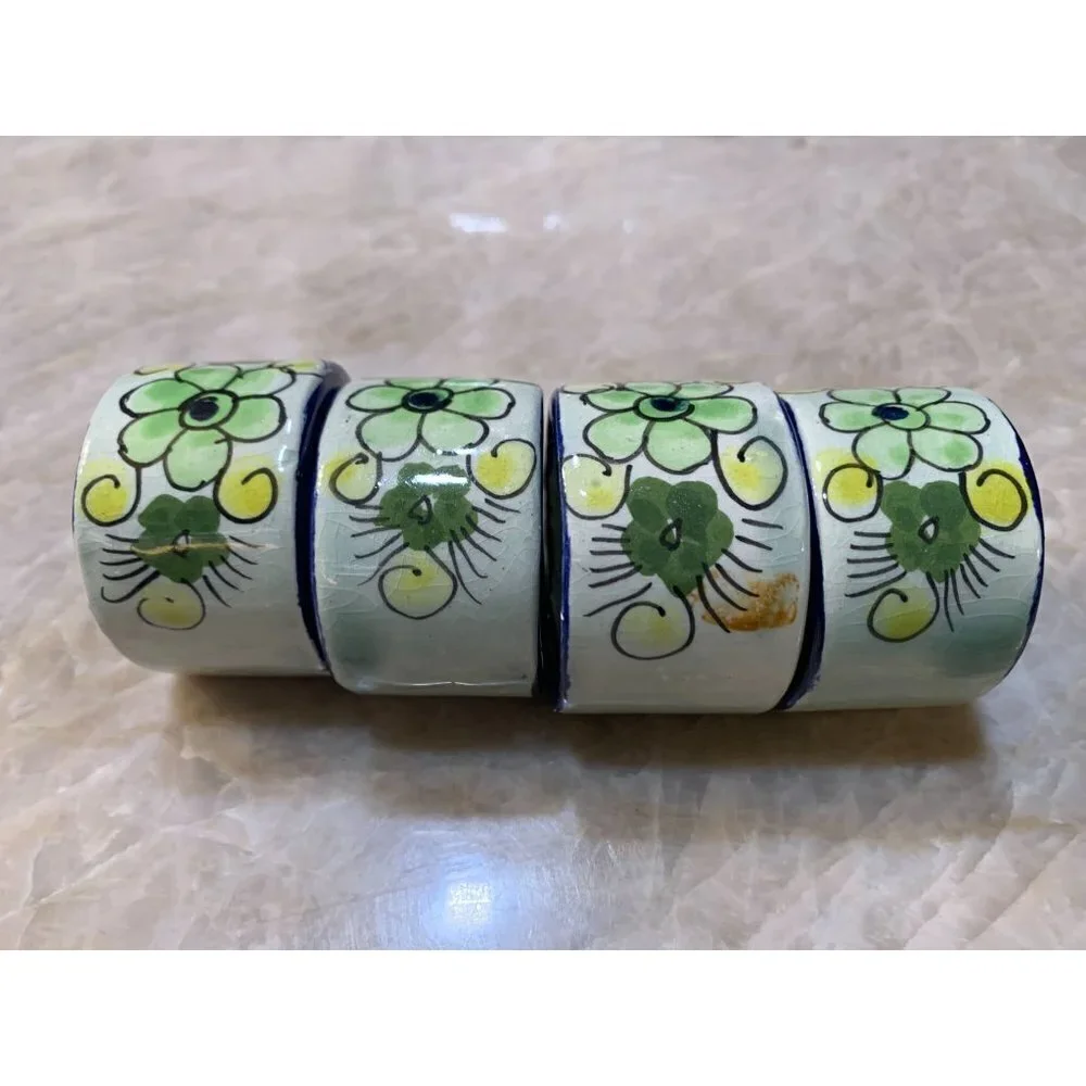 Set of 4 Made in Mexico Tonala Green Floral Hand Painted Napkin Rings